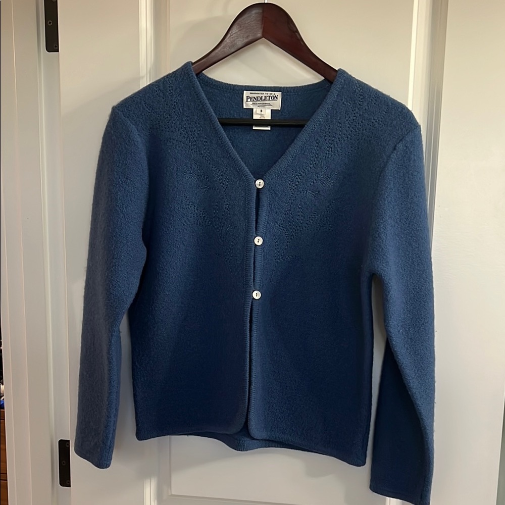 Pendleton Blue Boiled Wool Cardigan Sweater V-Neck Long Sleeve